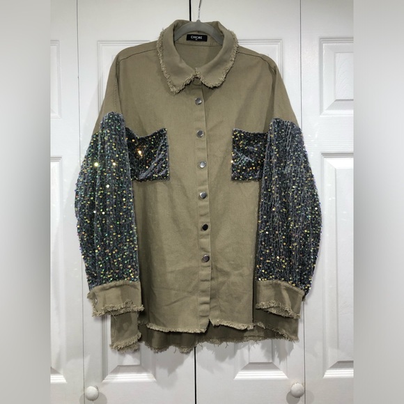 Women Sequin Patchwork Long Sleeve Sparkle Casual Glitter Jeans Bomber Jacket - Picture 3 of 10